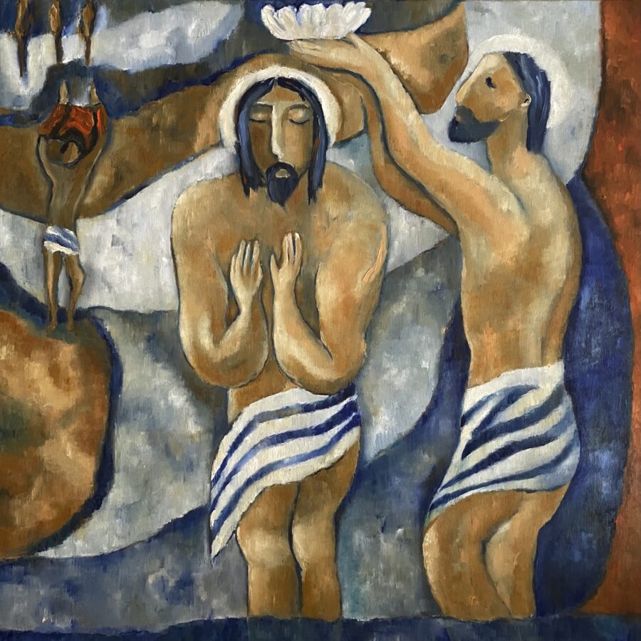 This painting depicts the figure of Christ being baptised in the River Jordan by John the Baptist.